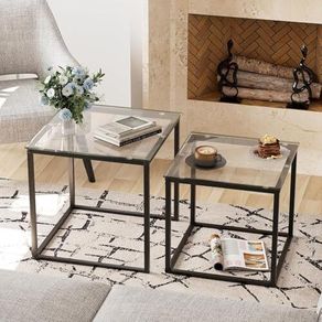 Coffee Table, Set of 2, Modern Living Room Table, Glass Coffee Table, Small, Side Table, Sofa Table, Coffee Table for Living Room, Bedroom, Office, 50/45 cm, Black