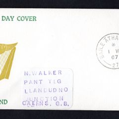 1967 Ireland 3d blue Celtic Cross Photogravure Printing definitive Stamp Illustrated addressed First Day Cover (FDC) with Baile Atha Cliath (Dublin) cancel