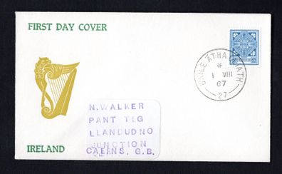 1967 Ireland 3d blue Celtic Cross Photogravure Printing definitive Stamp Illustrated addressed First Day Cover (FDC) with Baile Atha Cliath (Dublin) cancel