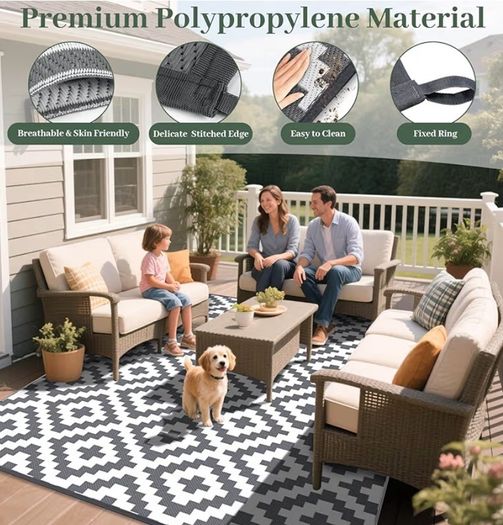 Outdoor Rug for Patios Waterproof 120x180cm, Reversible Garden Rugs Geometric Anti-slip Mat Carpet, UV Resistant Indoor Area Rugs for Camping, Deck, Picnic, Backyard (Grey & White)