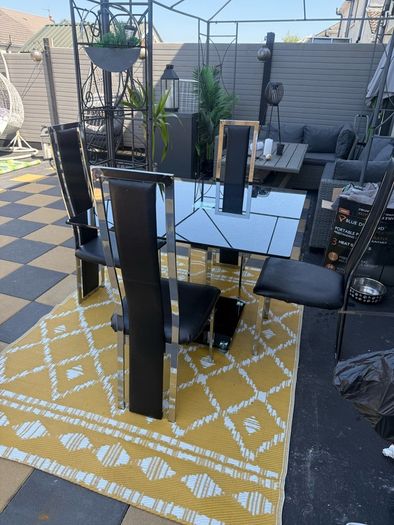 Black Glass and chrome dining table and chairs
