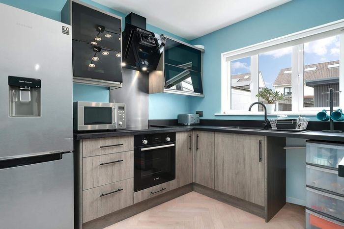 Modern Grey Kitchen Cabinets, Large Island Counter, 4 Bar Stools