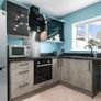 Modern Grey Kitchen Cabinets, Large Island Counter, 4 Bar Stools Image 3