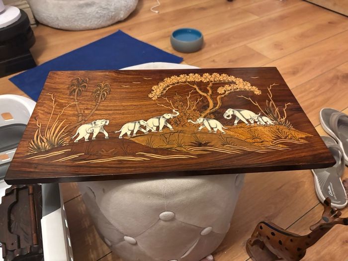 Vintage Indian Rosewood Inlay Wall Plaque - Elephant Procession Marquetry Art