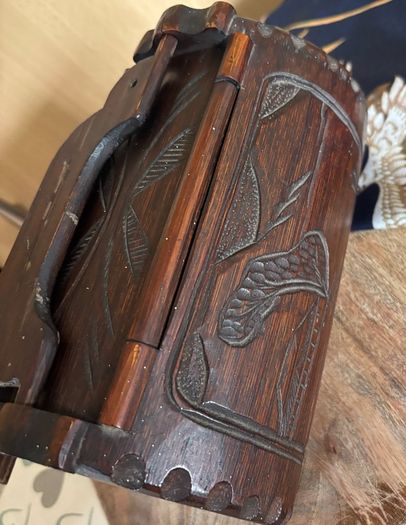 vintage hand-carved wooden cylindrical barrel box