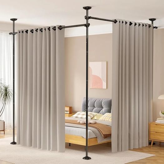Room Divider No Drilling Curtain Rod Wall Divider for Room Separation, 227-312 cm.(H) 71-290 cm.(W) Adjustable, Heavy Duty Partition Space Separator Freestanding Tension Curtain Stand, Black