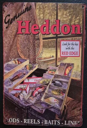 Vintage fishing tackle advertisement, vintage style metal sign .