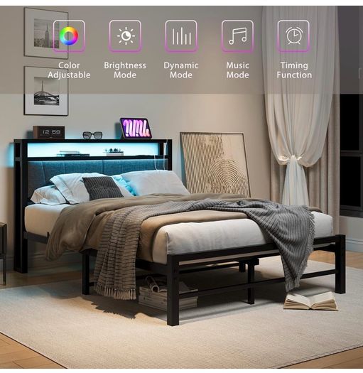 Double Bed Frame with Storage and LED Lights,4ft6 Metal Platform Bed Frame Double Size Bed Base with Charging Station,Mattress Base,Strong Slats Support,Under-bed Storage,Noise Free,Grey