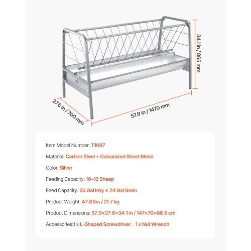 Livestock Hay Feeder, 2 in 1 Grain & Hay Feeder, 300L Capacity, 147 cm Long Goat Pasture Feeding with Deeper Feeding Pan, Heavy Duty Steel Grain Holder for Sheep Sheds, Farms, Horse Barns, Yards