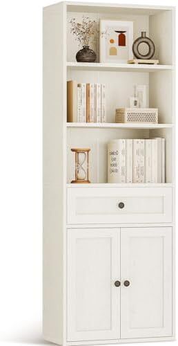 5-Tier Bookcase with Doors and Cabinet, Bookshelf Floor Standing Display Storage Shelf, Tall Bookcase with drawers for Home, Office, Living Room