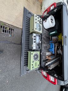 Vintage SAILOR / S.P. Radio Aalborg marine radio equipment comprising communications receiver, CH40 distress/calling unit, Tebeco TC-400 direction finder and 12V power supply.