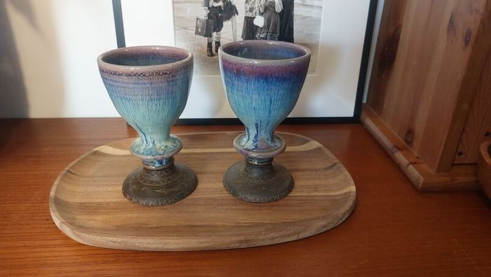 Wonderful Pair of Studio Art Pottery Goblets by Martin Branch Lyre Pottery, Cloncorban, Rossmore, Clonakilty, West Cork in a Fabulous Colourful Variegated Glaze. Pair One