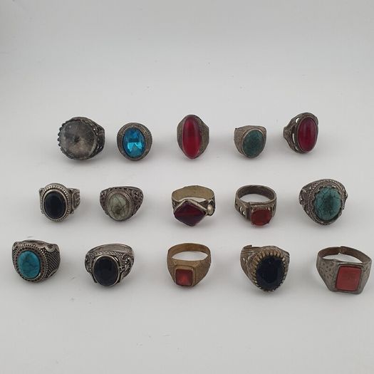 Antique Style Ring Collection 15 Mixed Brass, Glass & Stone Rings