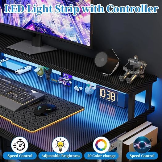 100cm Reversible L-Shaped Gaming Desk with Power Sockets & LED Lights, Carbon Fibre Computer Table with Long Monitor Stand, 2-Tier CPU Storage Shelves & Side Pouch, Black