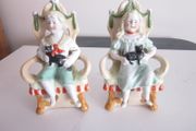 Vintage Pair  Bisque Porcelain Boy/Girl in Chair With Cat, German