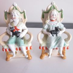 Vintage Pair  Bisque Porcelain Boy/Girl in Chair With Cat, German