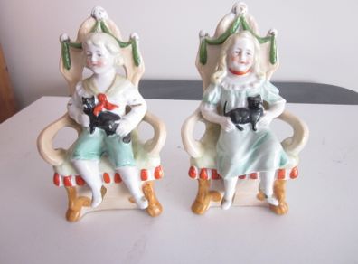 Vintage Pair  Bisque Porcelain Boy/Girl in Chair With Cat, German