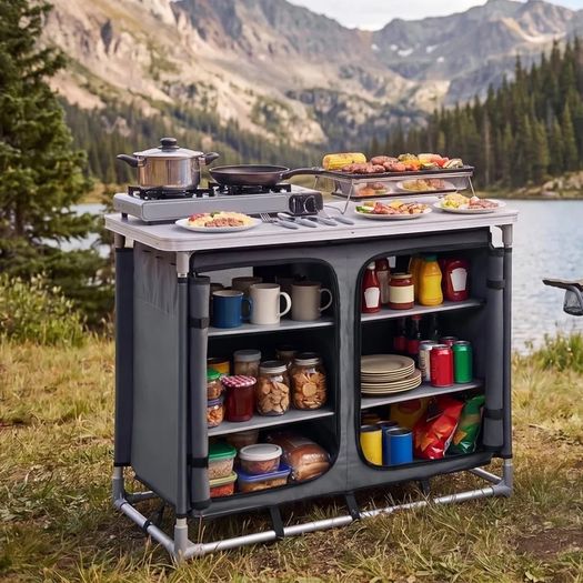 Camping Storage Cabinet, Outdoor Portable Aluminum Lightweight Table, Quick Set-up Compact Kitchen Cook Station, with 6 Shelves and Carry Bag, for Picnic, BBQ, Party, Camping, RV Traveling