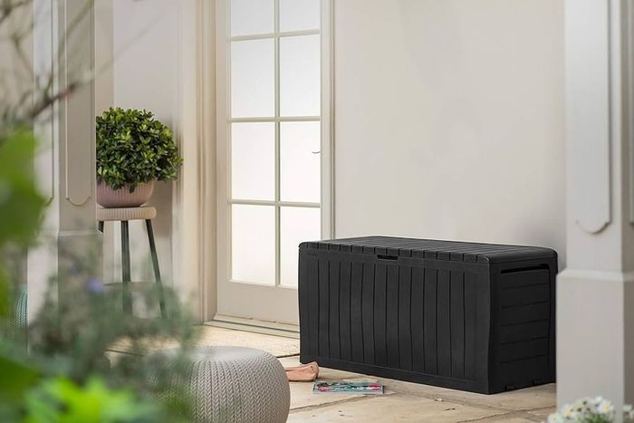 NEW SALE | 270L Outdoor 65% recycled Garden Furniture Storage Box Graphite Wood Panel Effect | Fade Free | All Weather Resistant