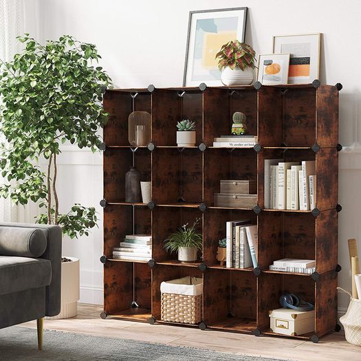 _16 cube shelf system, shoe shelf, DIY cube shelf, stackable, plug-in shelf made of PP plastic, cloakroom, room divider, for bedroom, office, vintage brown