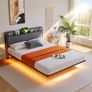 Floating King Metal Bed Frame with LED Lights & USB Charging Station, 150x200cmMetal Platform Bed Frame with 5ft Upholstered Headboard Storage Heavy Duty Metal Slats, Noise Free,Black Image 8