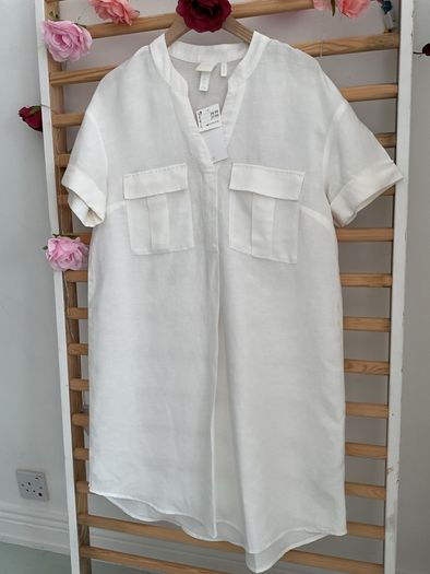 dress bnwt H&M white linen dress oversized uk 6 fit 8/10 shirt dress