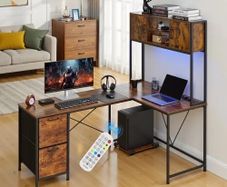 L-Shaped Gaming Desk with LED Lights, 1.58m Reversible Corner Computer Desk with Power Outlets, Movable CPU Stand & Storage Drawers