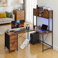 L-Shaped Gaming Desk with LED Lights, 1.58m Reversible Corner Computer Desk with Power Outlets, Movable CPU Stand & Storage Drawers