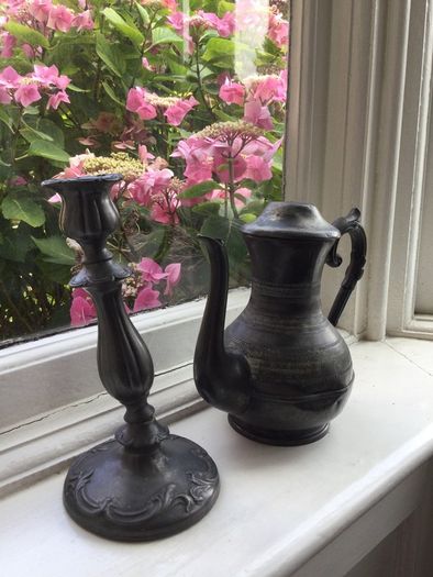 Vintage tea pot and antique candle stick
