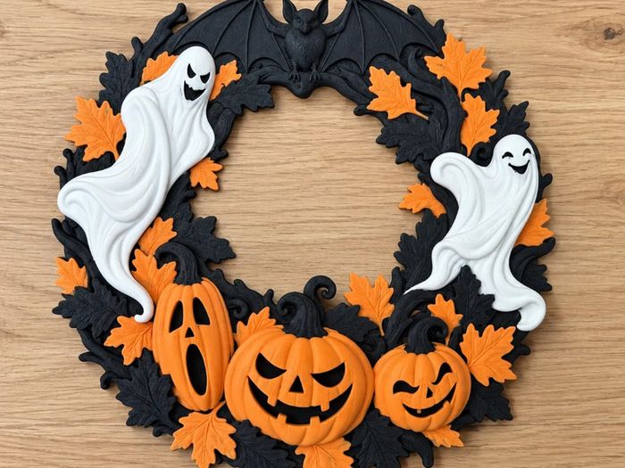 Halloween wreath with ghosts, pumpkins and bat