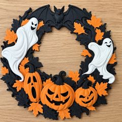 Halloween wreath with ghosts, pumpkins and bat