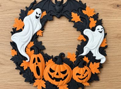 Halloween wreath with ghosts, pumpkins and bat