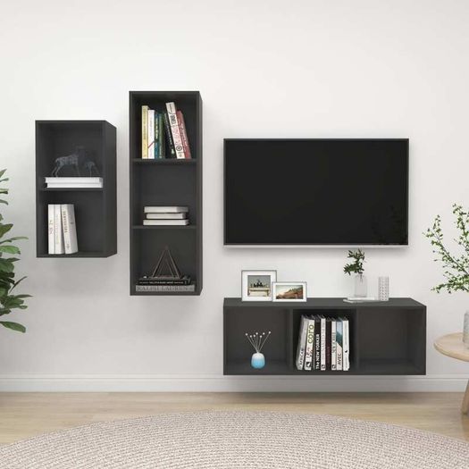 3 Piece TV Cabinet Set Grey Chipboard