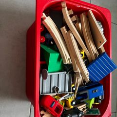 Bundle of wood train tracks and toys
