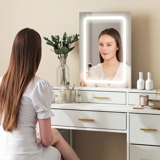 Multi-Storage Elegant Dressing Table, with LED Mirror - White