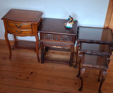 3 Vintage side tables; Beech wood 185 e. Wood Bros Carved Oak Table 215 euro , nest table 60 euro.