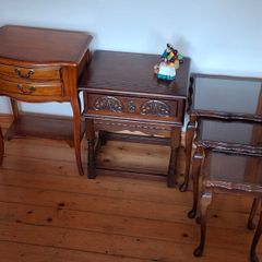 3 Vintage side tables; Beech wood 185 e. Wood Bros Carved Oak Table 215 euro , nest table 60 euro.