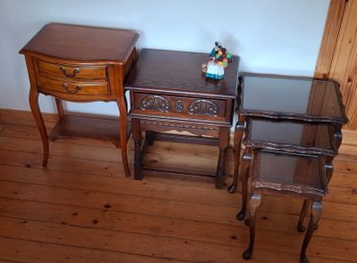 3 Vintage side tables; Beech wood 185 e. Wood Bros Carved Oak Table 215 euro , nest table 60 euro.