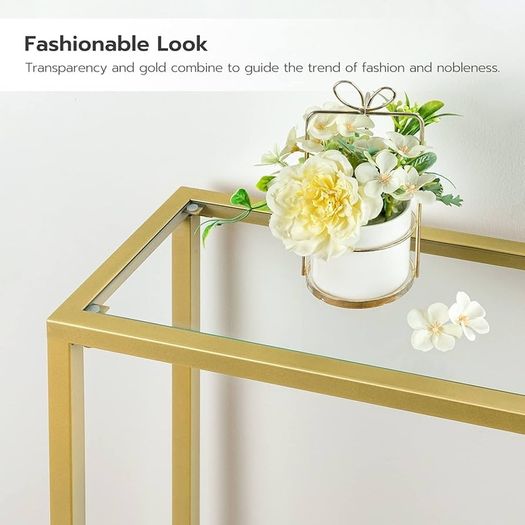 Gold Console Table for Hallway Slim, 100 cm Tempered Glass Sofa Table, Slim Hallway Table, Glass Console Table, Modern Display Table for Living Room, Entryway, Metal Frame