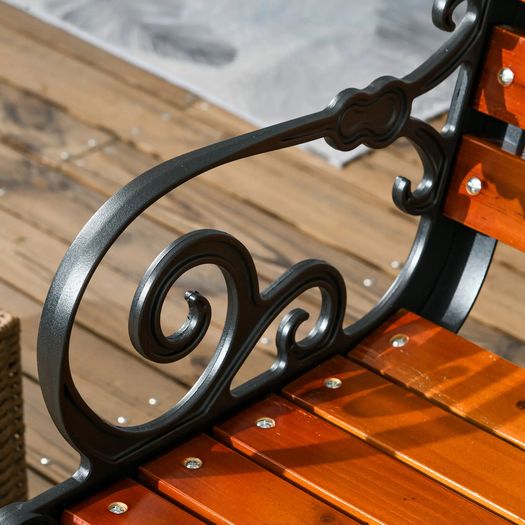Two-Seater Bench with Decorative Armrests for Garden & Patio, Cast Aluminum + Natural Wood