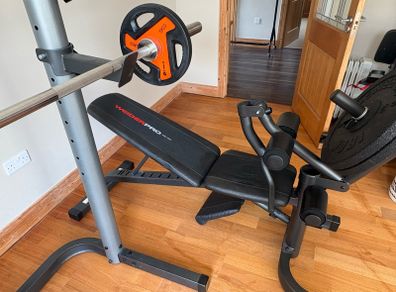 Weider Pro 490 DC Olympic Bench, Squat Rack, 20kg Olympic Bar & Weights