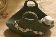 Vintage very detailed ceramic basket with cat