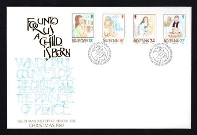 1989 Isle of Man World Christmas 50th Anniversary of Jane Crookall Maternity Home and 75th Anniversary of St. Ninian's Church, Douglas Commemorative Stamp Addressed First Day Cover (FDC)