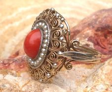 Antique 18 ct Gold Coral and Pearl Ring and Earrings