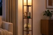 Walnut Floor Lamp with Shelves, LED Column Modern Floor Lamp with USB &amp; Type C Port, 3 Color Temperature