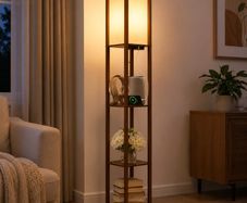 Walnut Floor Lamp with Shelves, LED Column Modern Floor Lamp with USB & Type C Port, 3 Color Temperature