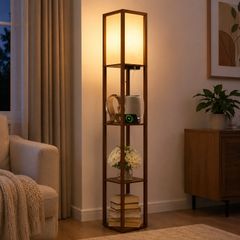 Walnut Floor Lamp with Shelves, LED Column Modern Floor Lamp with USB & Type C Port, 3 Color Temperature
