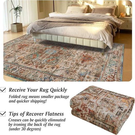 Washable Rugs for Living Room 160x230cm Non-Slip Soft Bedroom Rugs Thin Distressed Carpet Rug Low Profile Floor Rug for Office Bathroom Dinning Room Playroom(Terracotta)