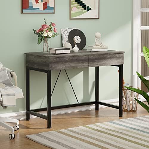 Computer Desk with Drawers Made of Wood and Metal Grey Oak