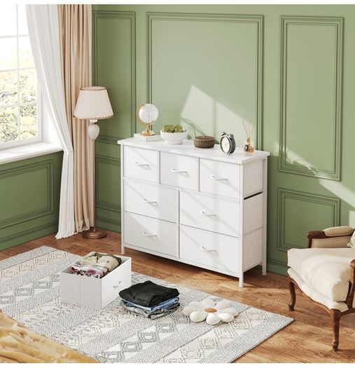 Chest of Drawers for Bedroom with 7 Drawers, Fabric Storage Drawer, Tall White Hallway Storage Unit